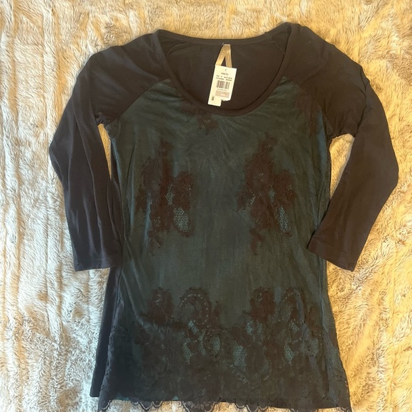 Vanity Black Lace Overlay Teal Top Blouse 3/4 Length Sleeve Women’s Small - Picture 3 of 8